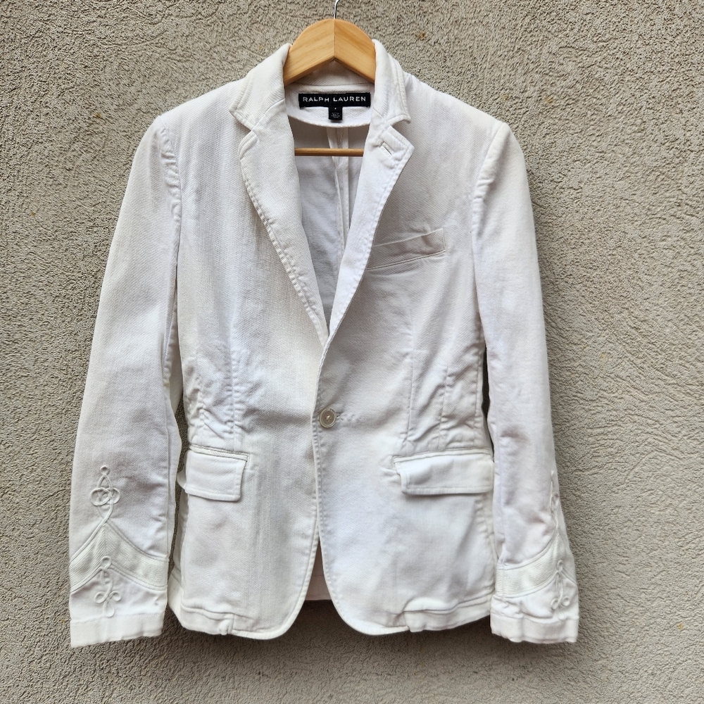 RALPH LAUREN Women's Waisted Stretch Blazer Size 8 White Embroidered Black Label